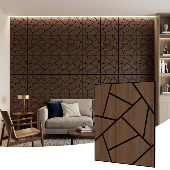 Fahomiss 4 Pack Soundproof Wall Panel Set, Modern 23.6" x 23.6" Abstract Geometric Pattern Wall Tiles, Wood Slat Acoustic 3D Wall Decorative Panels for Interior Wall Decor, Ceiling, Walnut