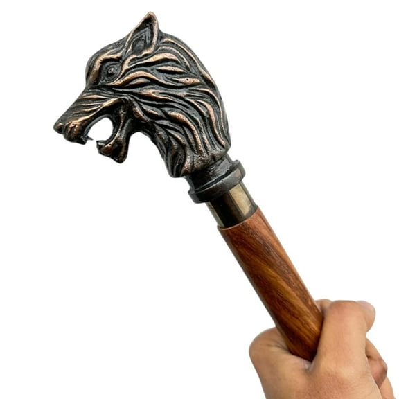 Antique Brass Wolf Head Walking Cane - Elegant Wooden Cane Gift for Men & Women