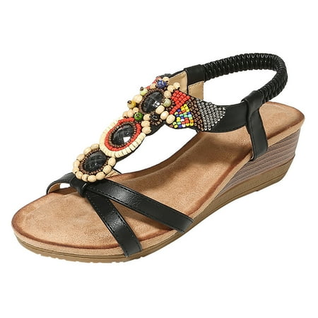 

Womens Sandals Ladies String Bead Casual Wedges Elastic Band Bohemian Beach Shoes Sandals