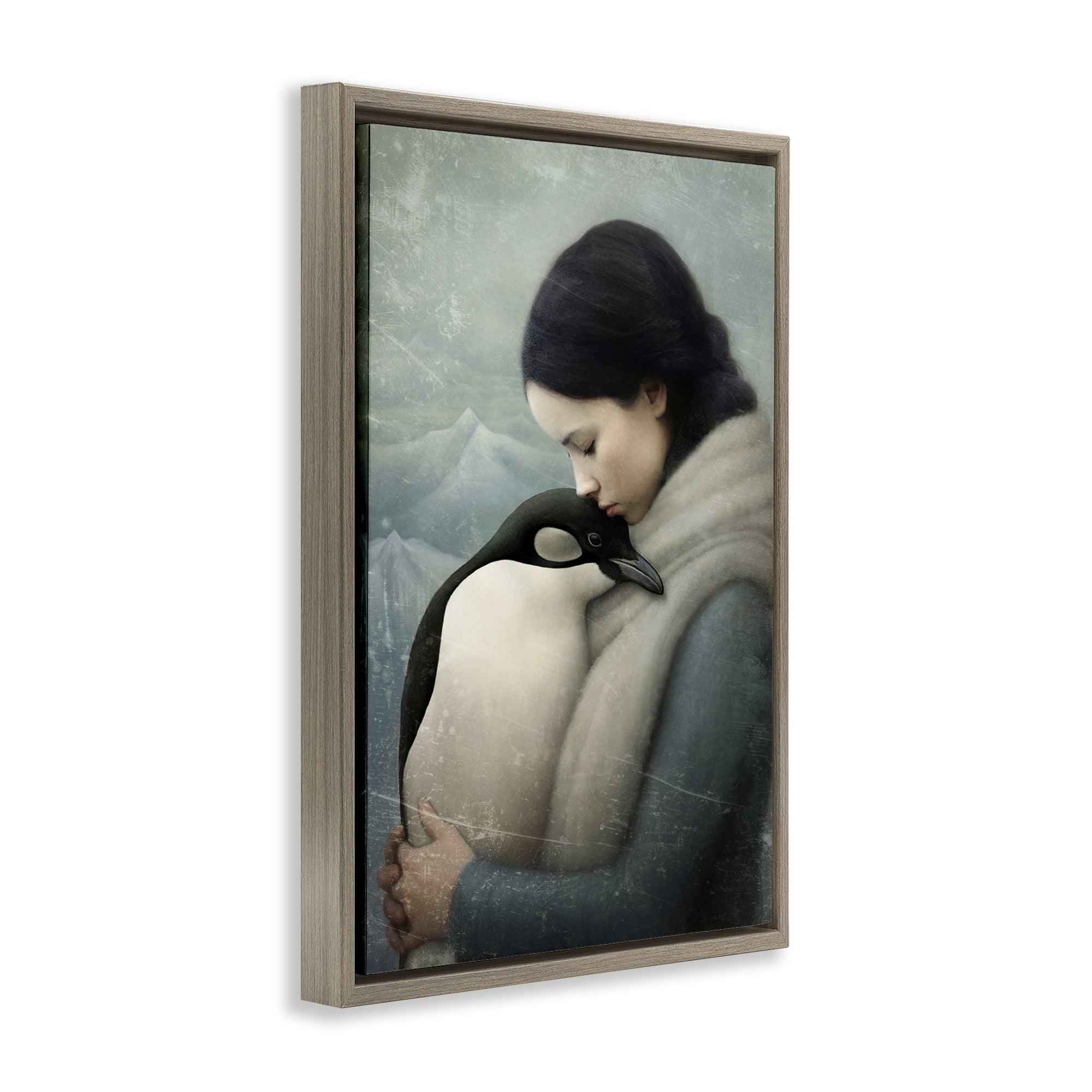 Stupell Industries Girl and Her Penguin People Painting Brown Floater Framed Canvas Art Print Wall Art, 17 x 25