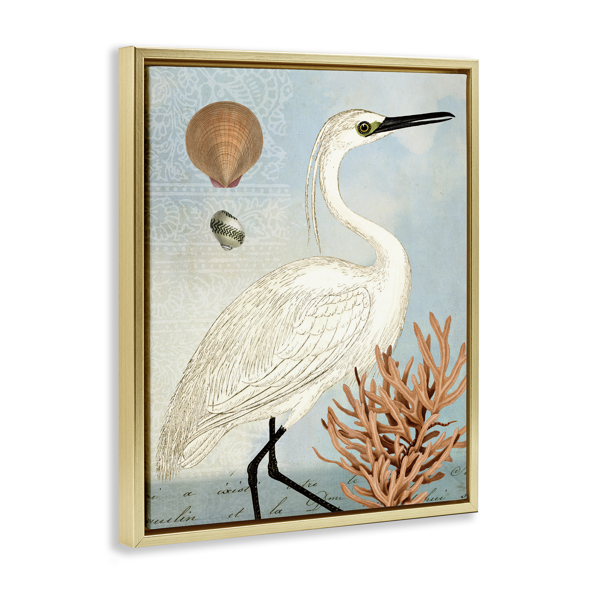 Stupell Industries Maritime Egret & Coral Animals & Insects Painting Gold Floater Framed Canvas Art Print Wall Art, 17 x 21