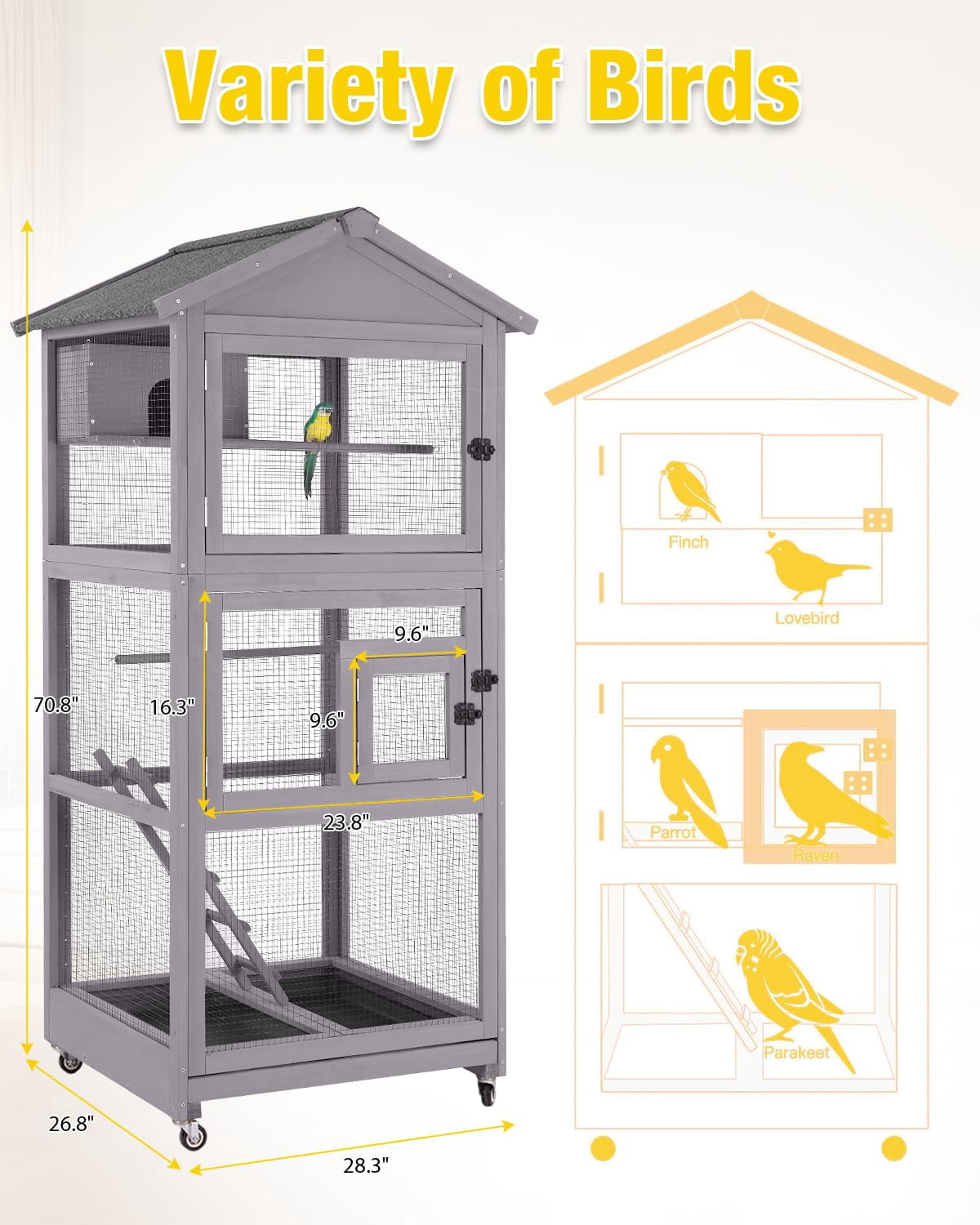 Aivituvin Wooden Large Bird Cage with Wheels – Mobile Outdoor Aviary with Play Stand, Perches & Nest, Easy-Clean Mesh Design