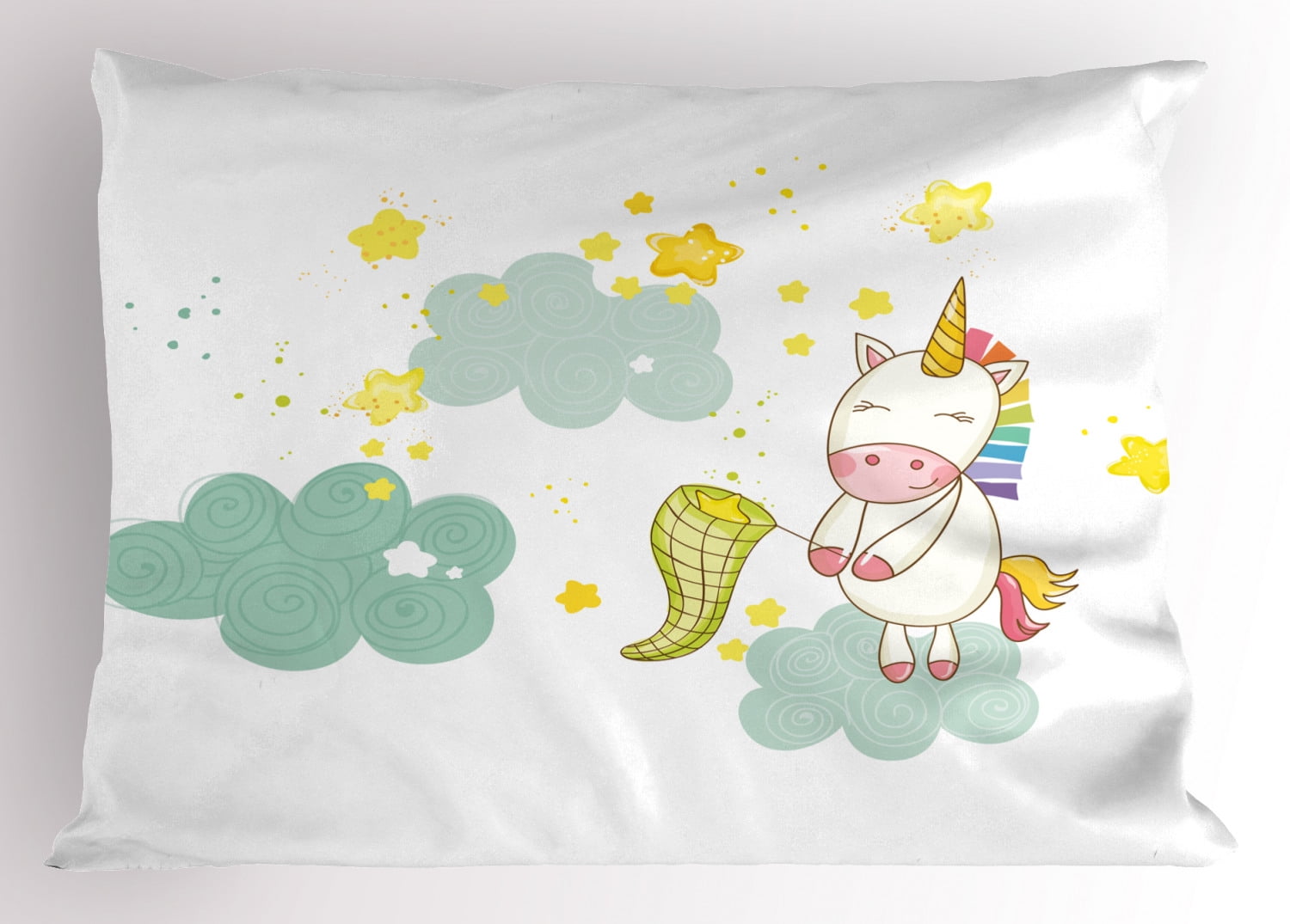 Unicorn Pillow Sham Baby Mystic Unicorn Girl Sitting on Fluffy Clouds