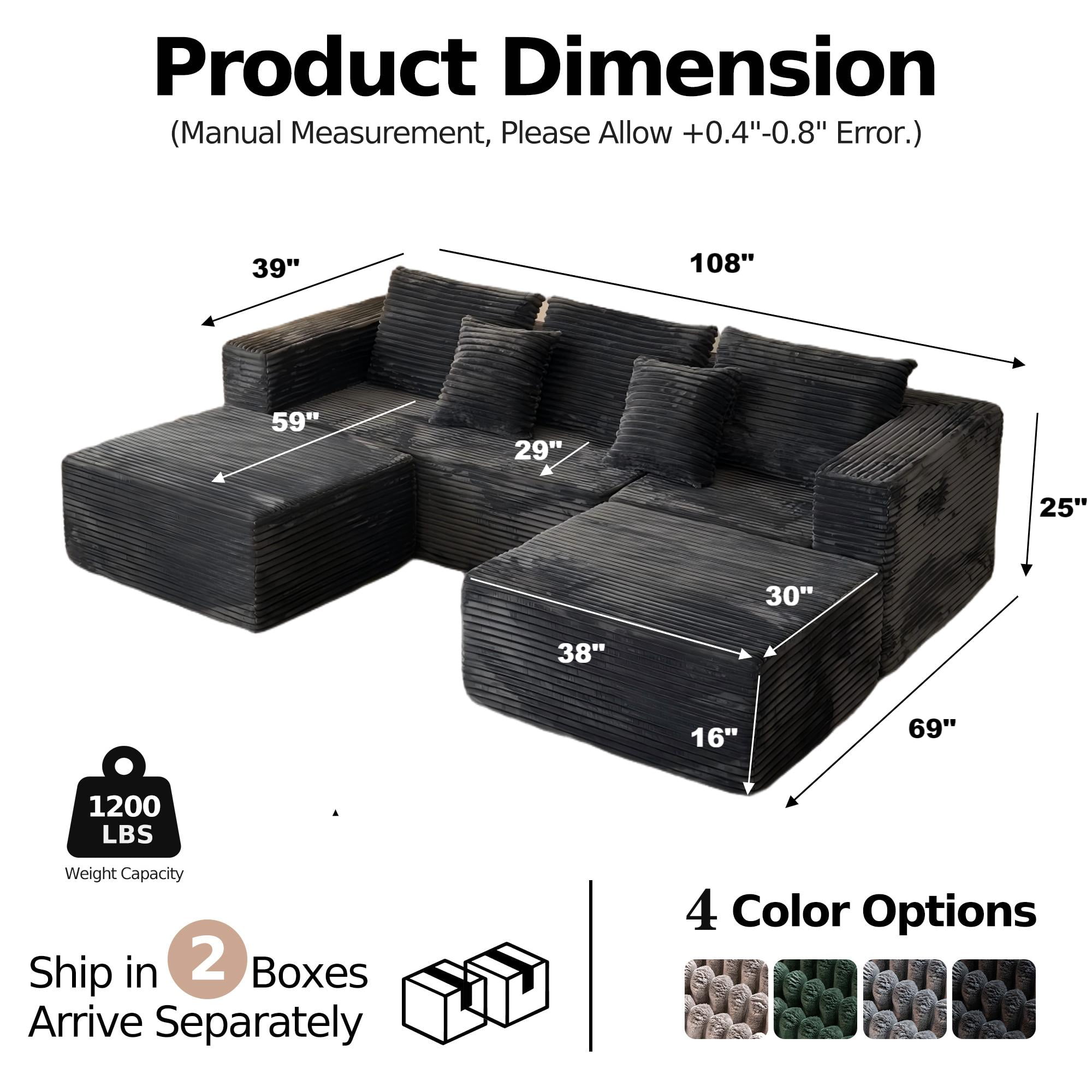 Cubente 108" Sectional Couch, Cloud Sofa, Boneless Couch No Assembly Required Modular Couch U-shaped Couch for Living Room