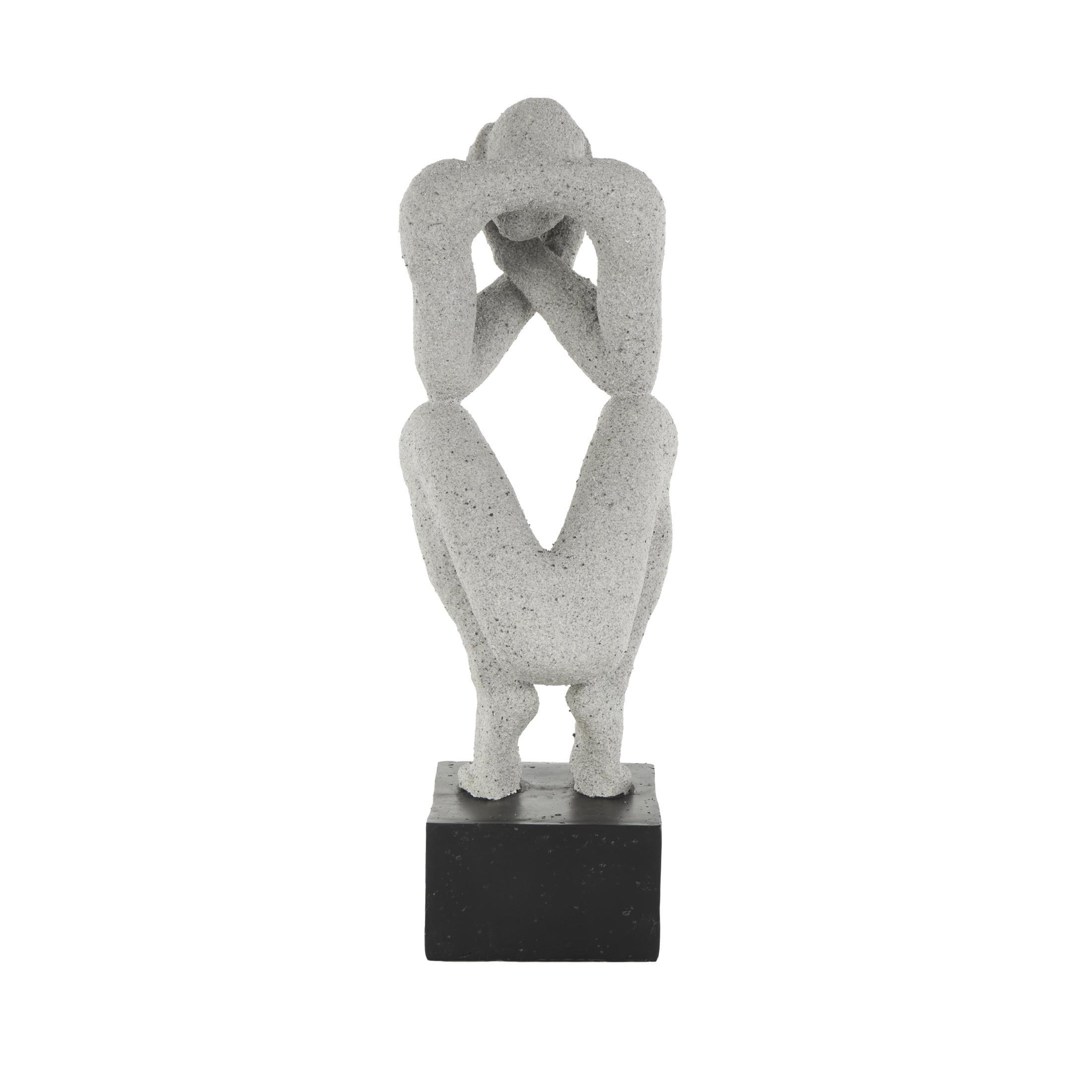 6" x 19" Gray Polystone Crouching People Sculpture with Black Square Base, by DecMode
