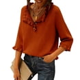 thumbnail image 2 of NTACZA Women Sweater Orange V Neck 3/4 Sleeve Elegant Sweater Work Dressy Ruffle Knit Shirt Ladies Winter Jumpers S, 2 of 8