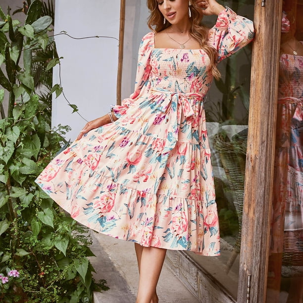 Aueoeo Work dresses for women office casual, Women's Fashion Autumn Dresses  Square Neck Floral Print Long Sleeves Chiffon Dress - Walmart Business  Supplies
