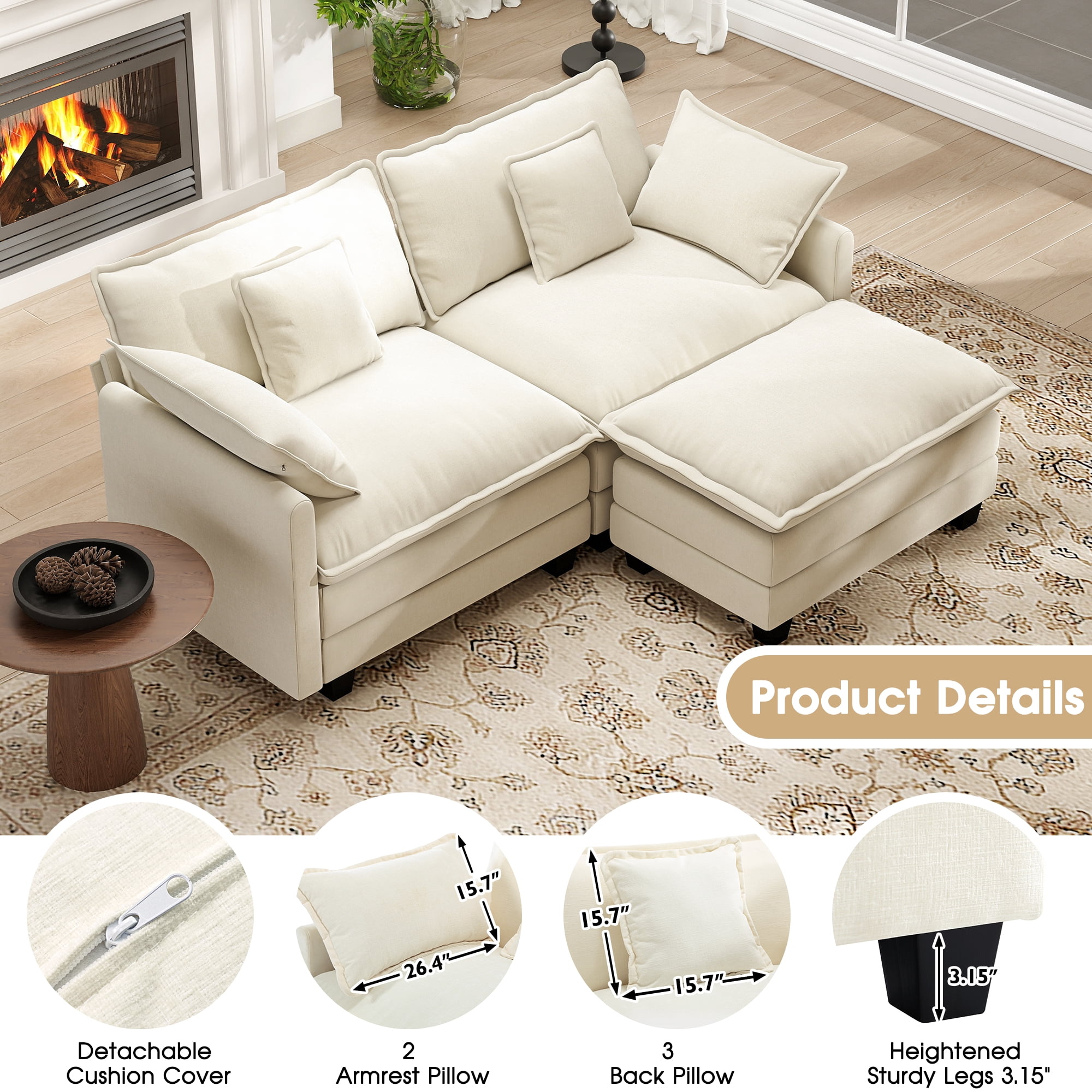 BedLuxury 76.7'' Loveseat Sofa with Ottoman for Living Room, Modern Chenille Comfy L Shaped Couch, 2-Seat, Beige