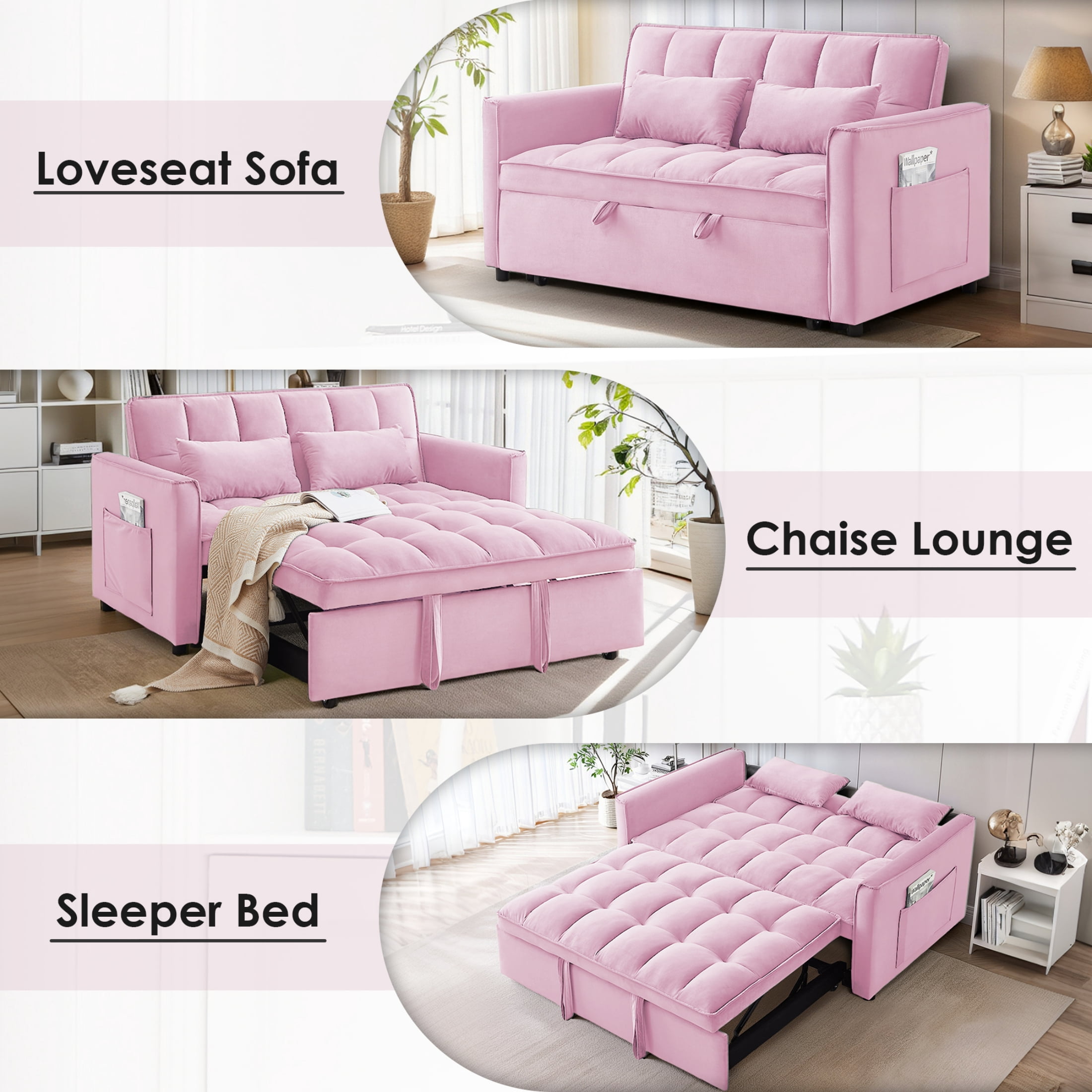 EPOWP Convertible Sofa Bed, 3 in 1 Pull Out Sleeper Loveseat Couch with Storage, Pink