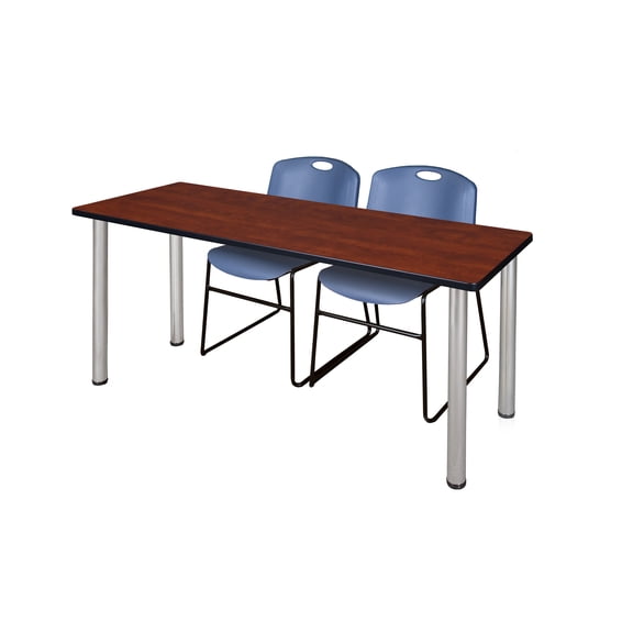 60" x 24" Kee Training Table- Cherry/ Chrome & 2 Zeng Stack Chairs- Blue