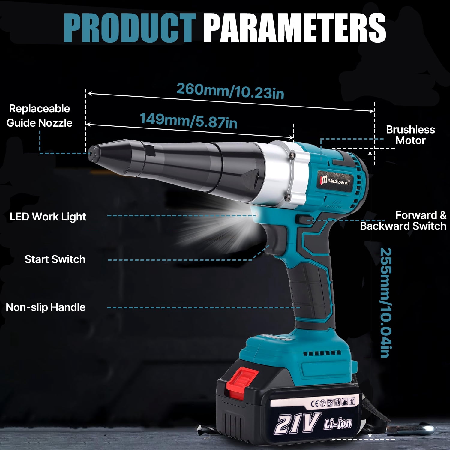 iMeshbean Cordless Rivet Gun Tool, 21V Electric Automatic Brushless Blind Riveter Professional Kit with 2 x3.0Ah Battery & Charger for Stainless Steel, Steel, Aluminum Rivets