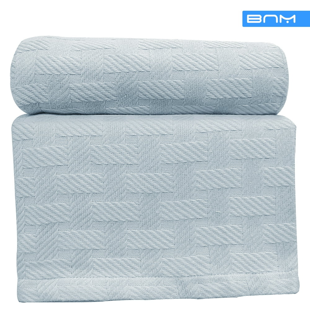 Basket Weave Full/Queen Cotton Blanket, lightweight summer blanket, Light Blue