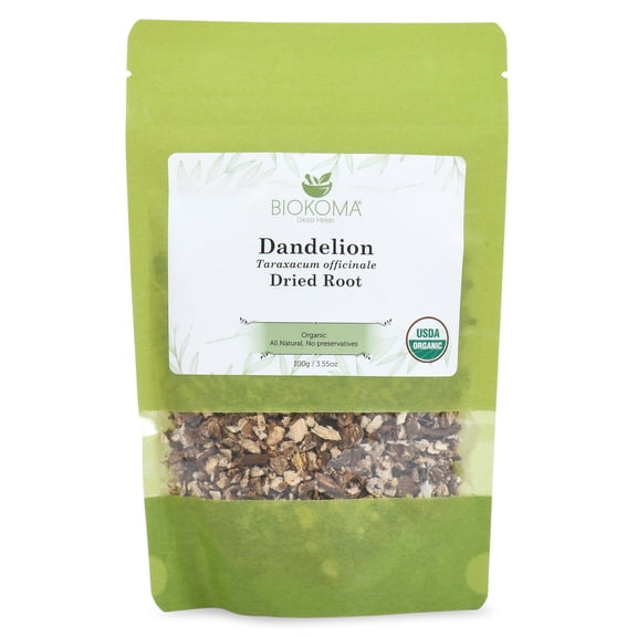 Biokoma Pure and Organic Dandelion Root Tea 100g (3.55oz) in Resealable Moisture Proof Pouch, USDA Certified Organic - Herbal Tea, No Additives, No Preservatives, No GMO, Kosher