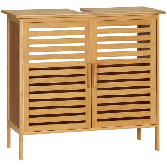 Topcobe Freestanding Bathroom Sink Cabinet, Bamboo Under Sink Cabinet Cupboard Organizer with 2 Slatted Doors, Indoor Modern Furniture for Bathroom, Natural