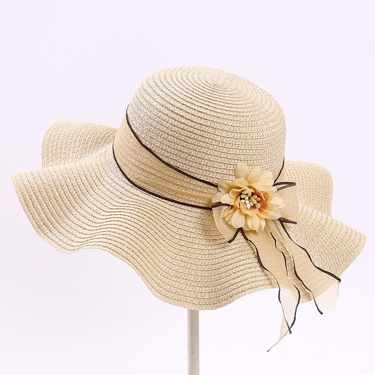 Straw Sun Hats for Women - Lace Ribbon Bowknot Flower Decor Wide