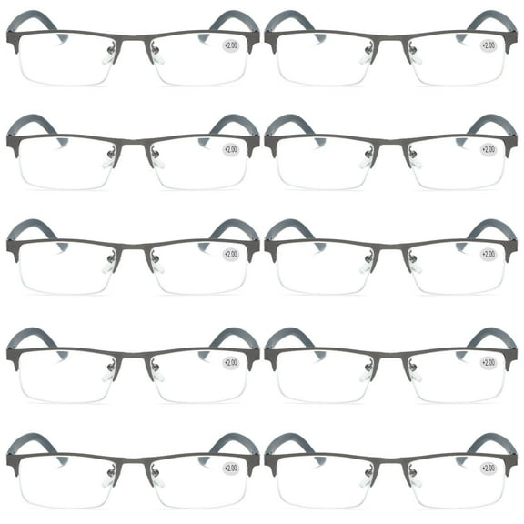 10 PK Men's Blue Light Blocking Reading Glasses - Rectangular Metal Half-Frame - Spring Hinge Readers 0.75