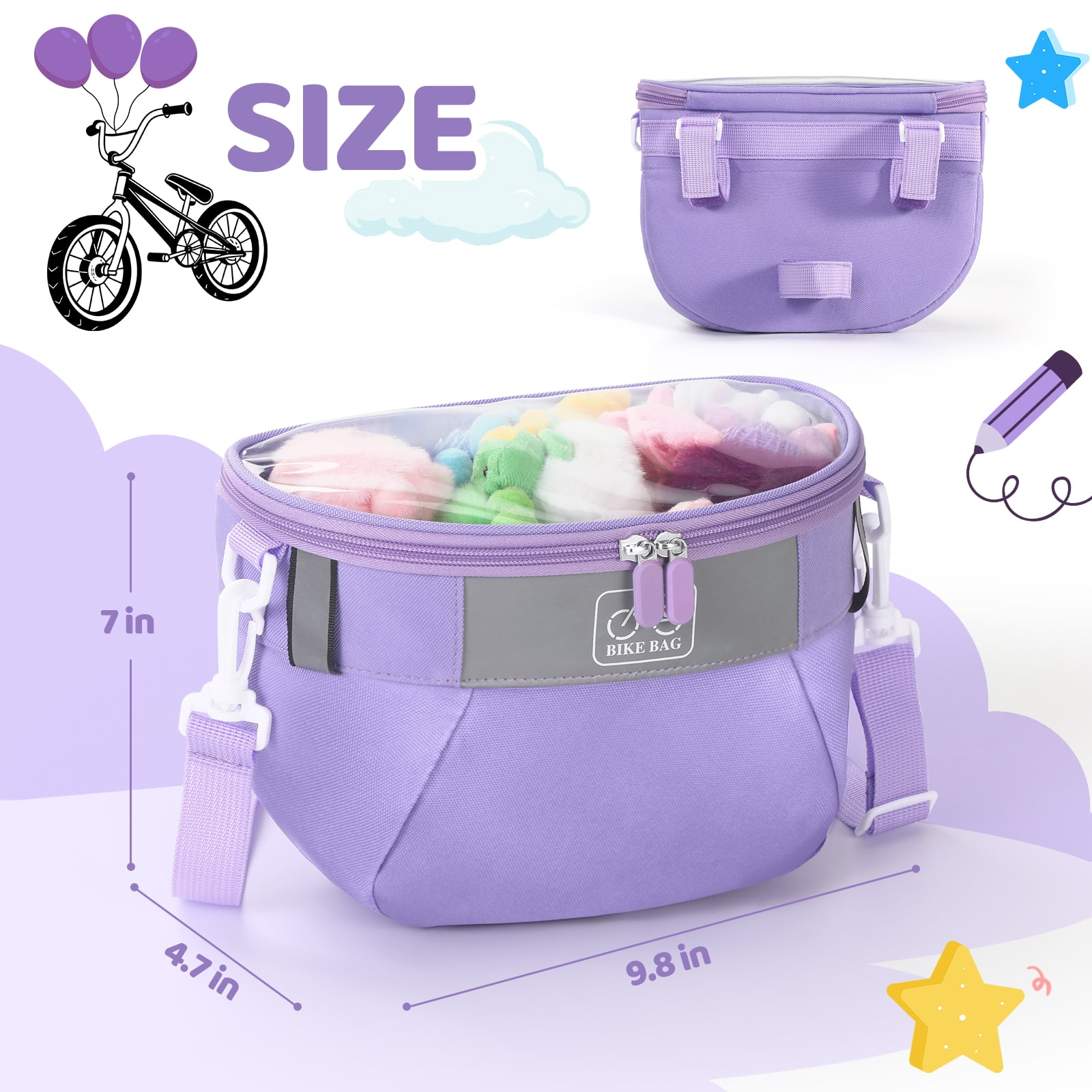 Yucurem Durable Kids Bike Basket, Waterproof Bicycle Front Basket Handlebar Bag with Reflective Safety Straps, Fabric Bicycle Basket for Boys & Girls (Purple)