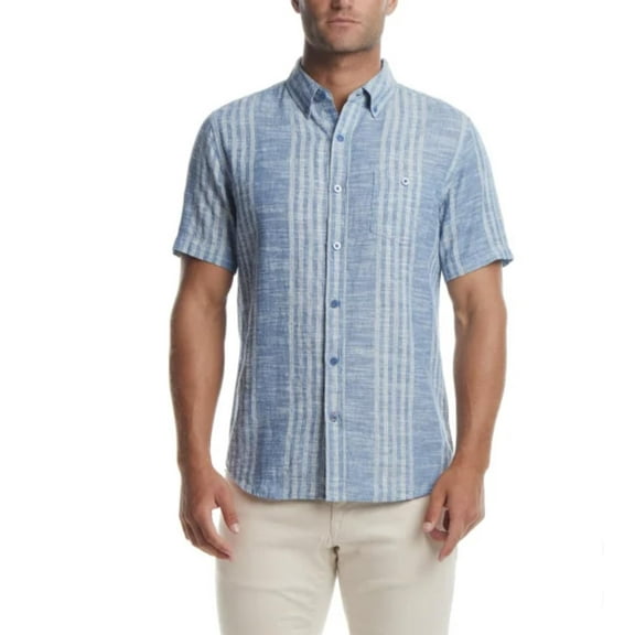 Weatherproof Vintage Men's Short Sleeve Linen Cotton Blend Woven Button Down Shirt (US, Alpha, Large, Regular, Regular, Blue)