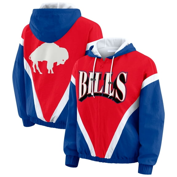 Women's WEAR by Erin Andrews Red/Royal Buffalo Bills Plus Size Retro Crinkle Full-Zip Hoodie Windbreaker Jacket