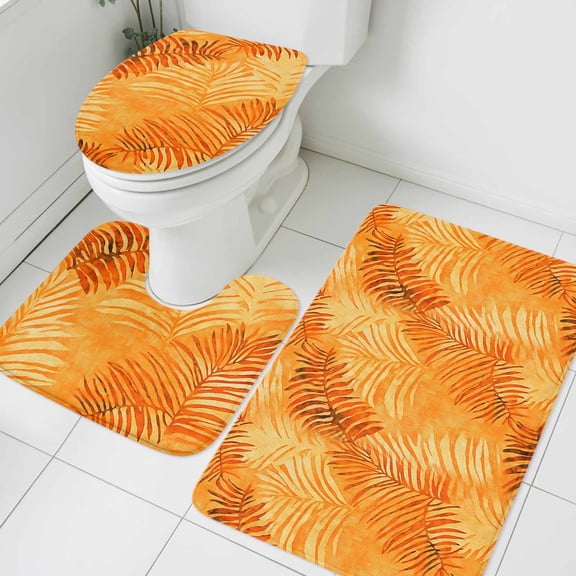 Orange Palm Leaf Bathroom Rugs Set Autumn Tropical Plant Leaves Vintage Non Slip Absorbent Soft Bath Mats 3 Piece Set with Bathroom Rug, U-Shaped Floor Mat, Toilet Seat Cover Small Size
