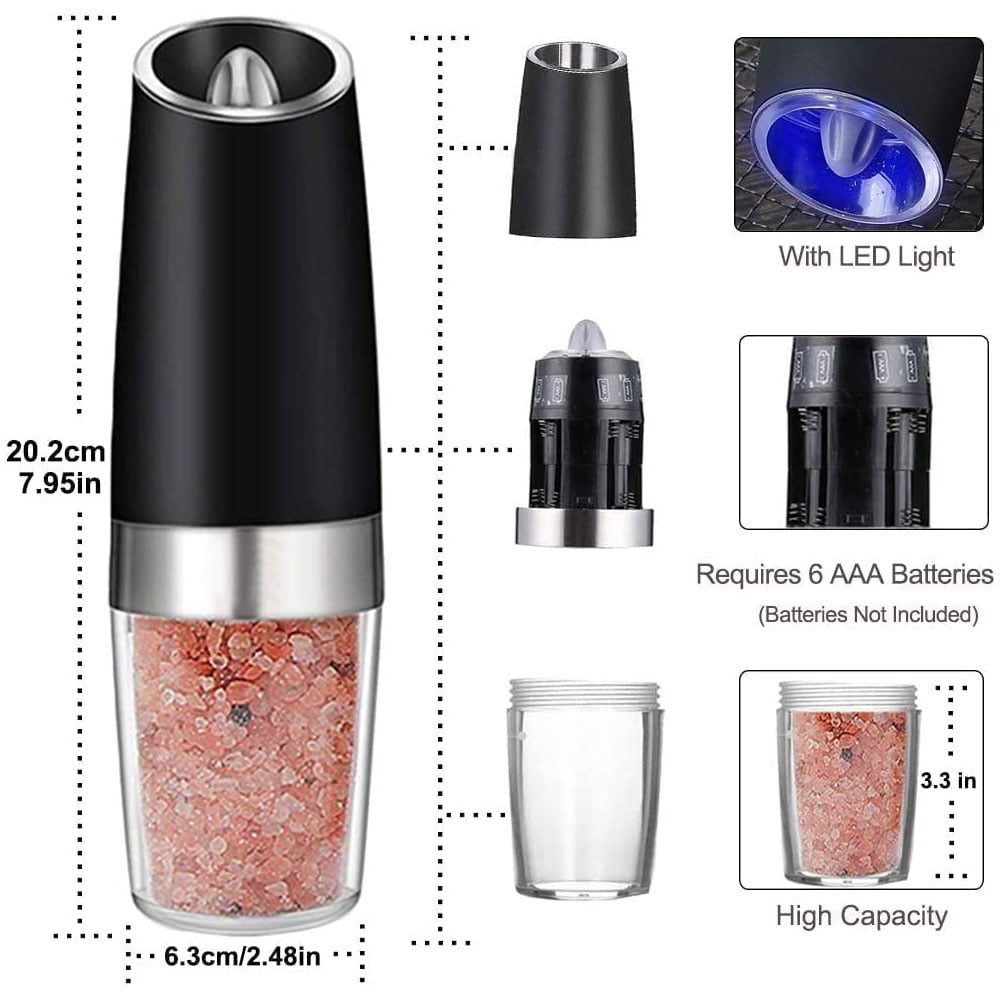 Automatic Salt and Pepper Grinder Set, Gravity-Activated Electric Grinders with Adjustable Coarseness, LED Light, and One-Handed Operation, Ideal for Spices,Battery Operated (Black,2Pack)