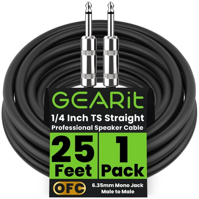 GEARit Cable de altavoz profesional (25 pies) 12 AWG cobre puro 1/4 pulgadas a 1/4 pulgadas TS recto macho a macho para amplificador, gabinete de altavoz, PA y audio DJ