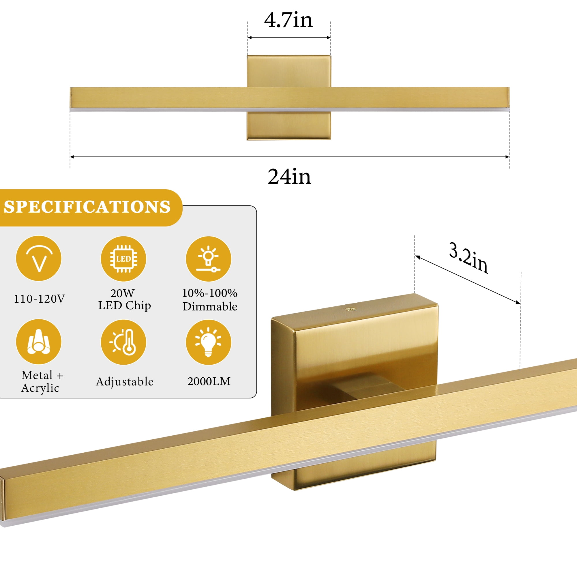 Minimalist Linear LED Modern Lighting Fixtures 24'' Bathroom Gold Vanity Light Dimmable Over Mirror Wall Sconce for Bathroom