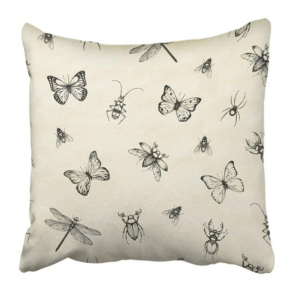 RYLABLUE Abstract with Dragonfly's Beetle Stag Spider Butterfly Fly Dragonfly Animal Charcoal Clip Doodle Pillowcase 20x20 inch