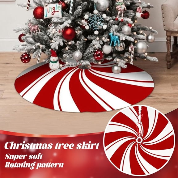 Grbtsrd 48 Inch Christmas Tree Skirt, Red‑White Candy Cane Swirl Printed Tree Skirt, Colorful Fabric, Christmas Tree Decor for 5‑7 ft Christmas Tree, Wonderful Seasonal Accent for Home and Party