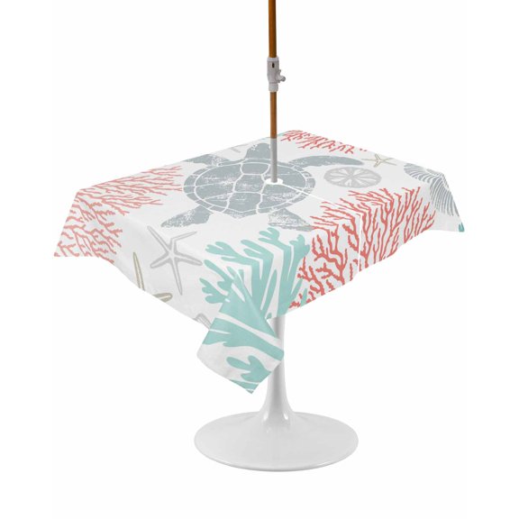 Outdoor Table Cloth with Umbrella Hole and Zipper, Teal Red Coastal Turtle Waterproof Rectangle Tablecloth 54"x80", Ocean Coral Nautical Washable Table Cover for Outside Party Patio Picnic