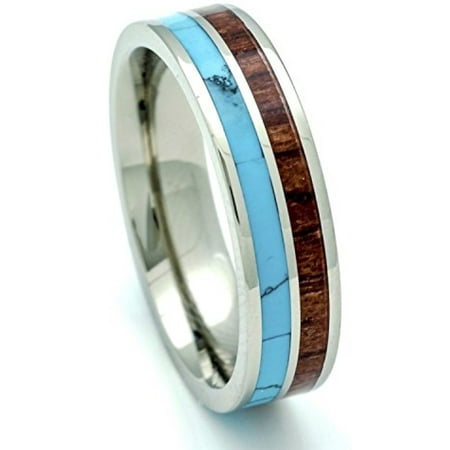 Turquoise Inlay Band - Titanium Hawaiian Koa Wood and Turquoise Inlay Wedding Band Ring 6mm (9.5)