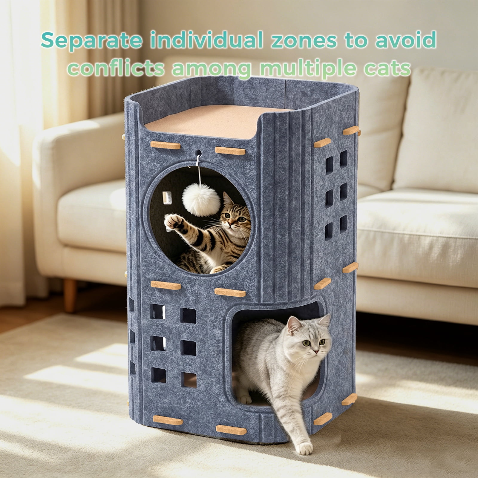 Felt Cat House for Cats, Kittens, Covered Tunnel & Condo with Dual Door Holes, Hanging Fur Ball, Warm & Scratch-Resistant, Cozy Cave for Indoor Outdoor Use, 35*35*60cm