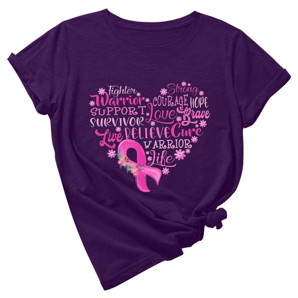 Puntoco Tops de trabajo para mujer Blusa de manga corta Camiseta con estampado de letras de concienciación de los senos Tops de camiseta en octubre Puntoco Puntoco-3866