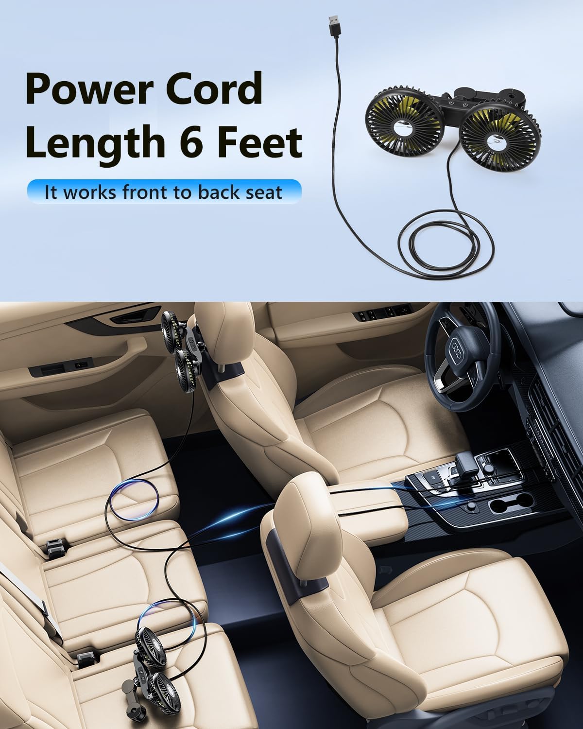 Dual Head Car Cooling Fan for Back Seat, Battery Powered Rechargeable Usb Car Seat Headrest Fan for Baby Dog Rear Facing, 12V Car Accessories Cooler That Blow Cold Air for Sedan Suv Rv Truck