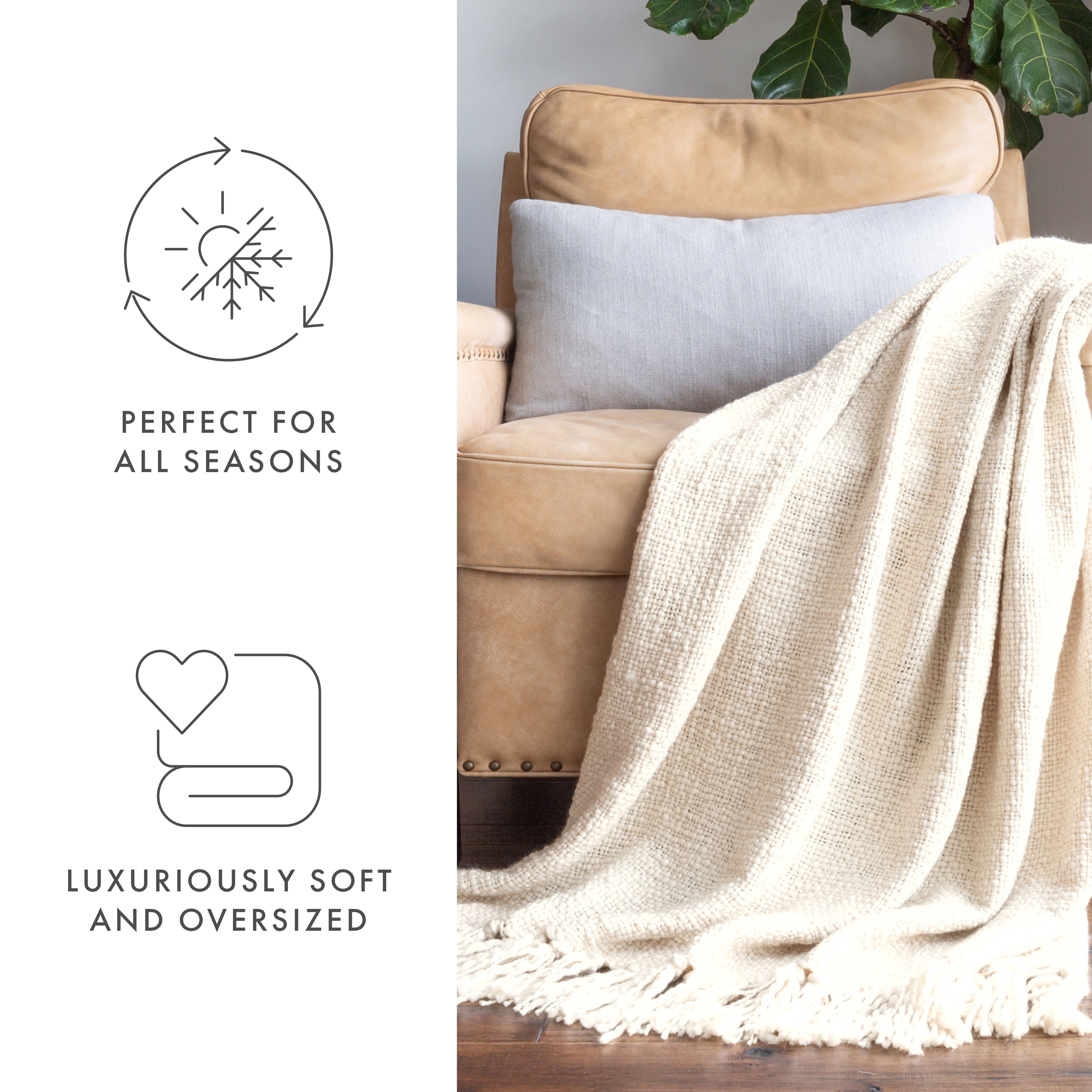Noble Linens Slub-Yarn Throw Blanket, Natural, Standard Throw