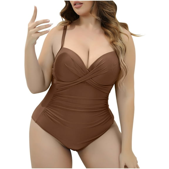 Bigersell Womens Plus Size Ruched One-Piece Swimsuits Wrap Front Sleeveless V-Neck Bathing Suits Surfing Monokini Swimwear Beach Vacations Swimsuits Coffee XXL
