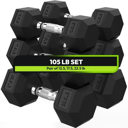 HANDBODE Hex Dumbbell 105 lb Set, 12.5/17.5/22.5 lb Weights Dumbbells Set of 2, Rubber Encased Exercise & Fitness Dumbbells for Home Gym, Hand Weight for Strength Training