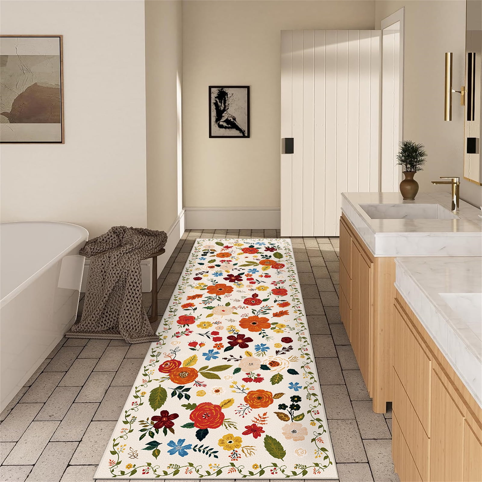 2'6''x 8' Boho Runner Rug for Hallways, Soft Non Slip Washable Runner Rug Floral Floor Carpet Runner Rug for Entryway Laundry Room Bathroom
