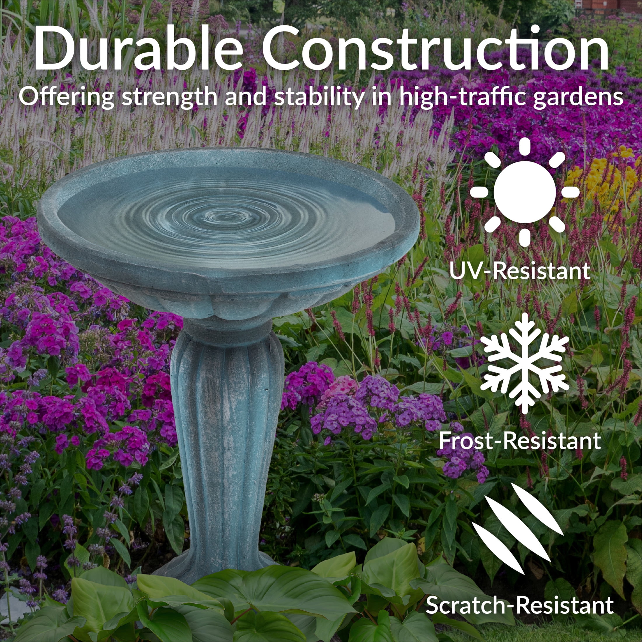 Sunnydaze Grecian Column Freestanding Glass Fiber Reinforced Concrete Outdoor Bird Bath, Green