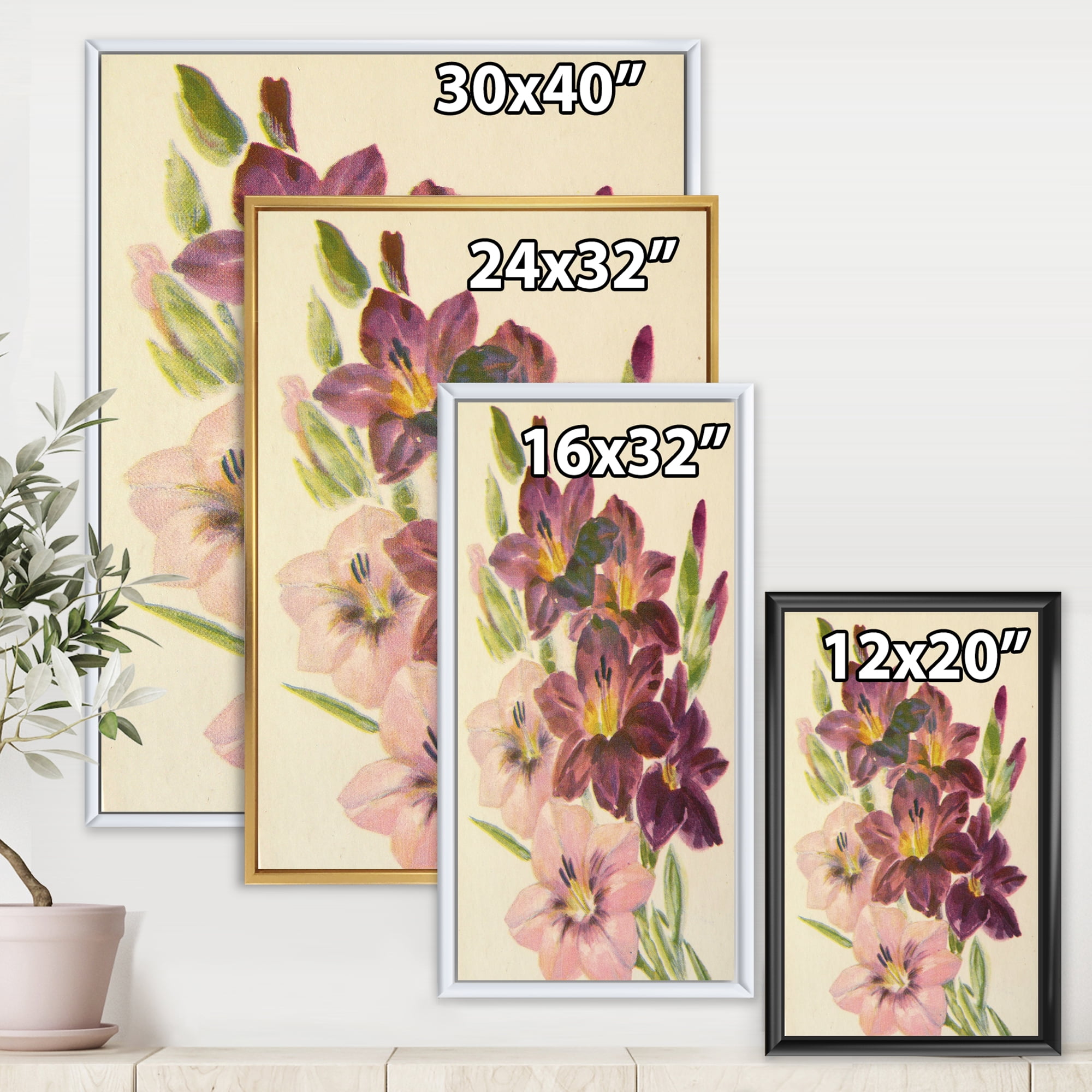 Designart 'Retro Dark and Light Pink Gladiolus' Traditional Framed Canvas Wall Art Print