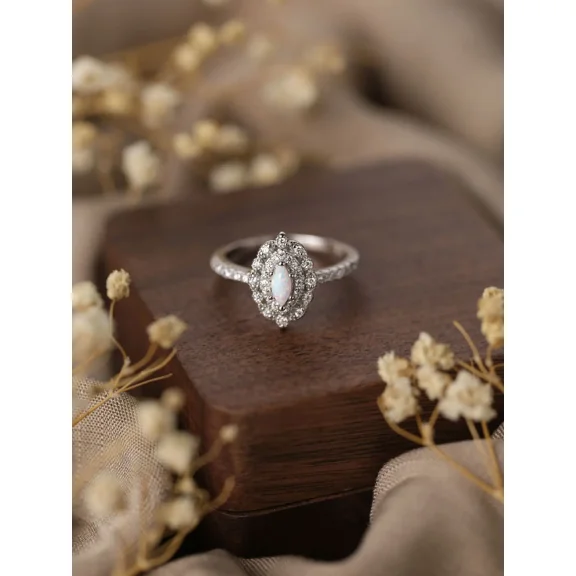 New 925 Silver Women's Ring Inlaid with Zircon and Opal,Vintage Sweet Style as Wedding Ring