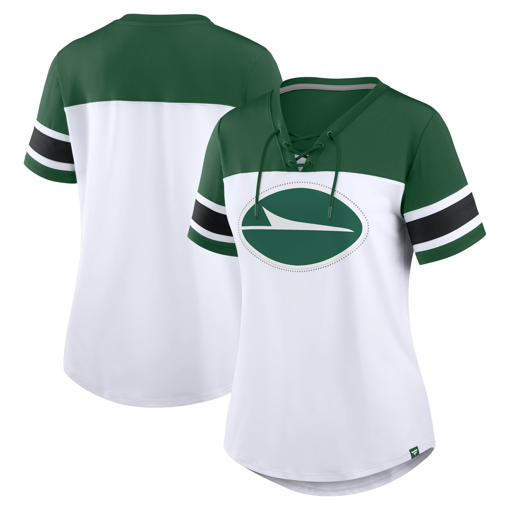 Women's Fanatics White/Green New York Jets Athena Rhinestone Lace-Up V-Neck T-Shirt