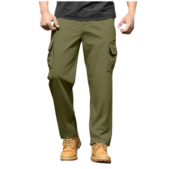Turilly Mens Outdoor Cargo Pants Solid Color Casual Clothes Pockets Full Length Pants with Elastic Waist