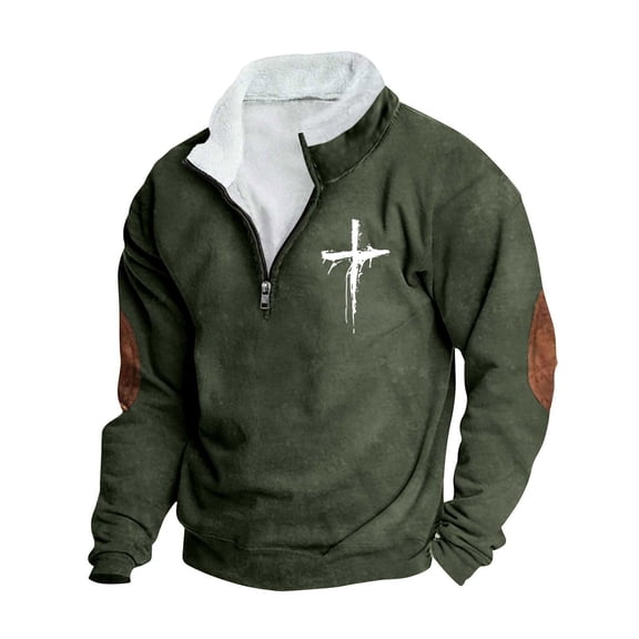 VSSSJ Men's Fleece Jackets Sweatshirts Vintage Quarter Zip Pullover Cross Graphic Print Casual Long Sleeve Stand Collar Country Sweatshirt Dark Green XXL