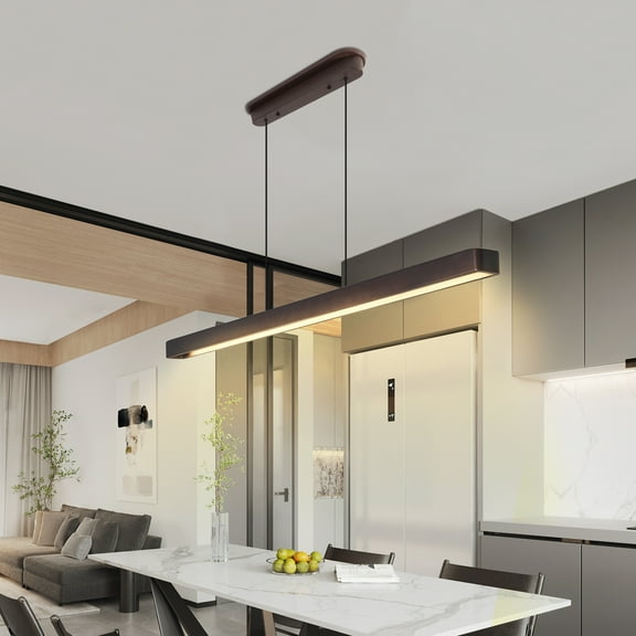 Wood Linear LED Pendant Light Linear 51.2" Dinning Room Light Island Lights Dimmable Chandelier for Billiard & Pool Table Walnut Color