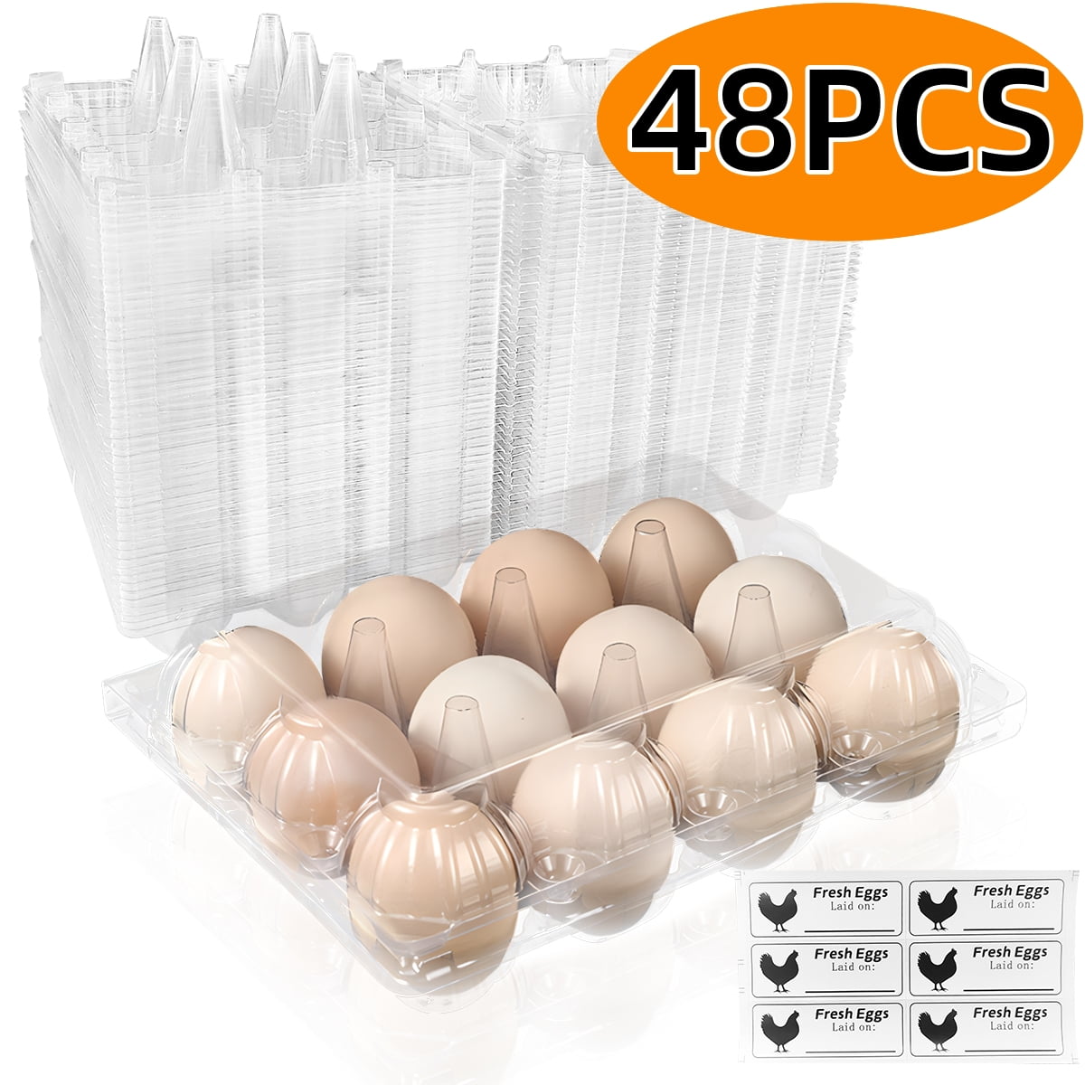 Egg Cartons Holder Bulk Empty Clear Plastic Reusable Chicken Egg Tray with Date Labels 48 Pcs