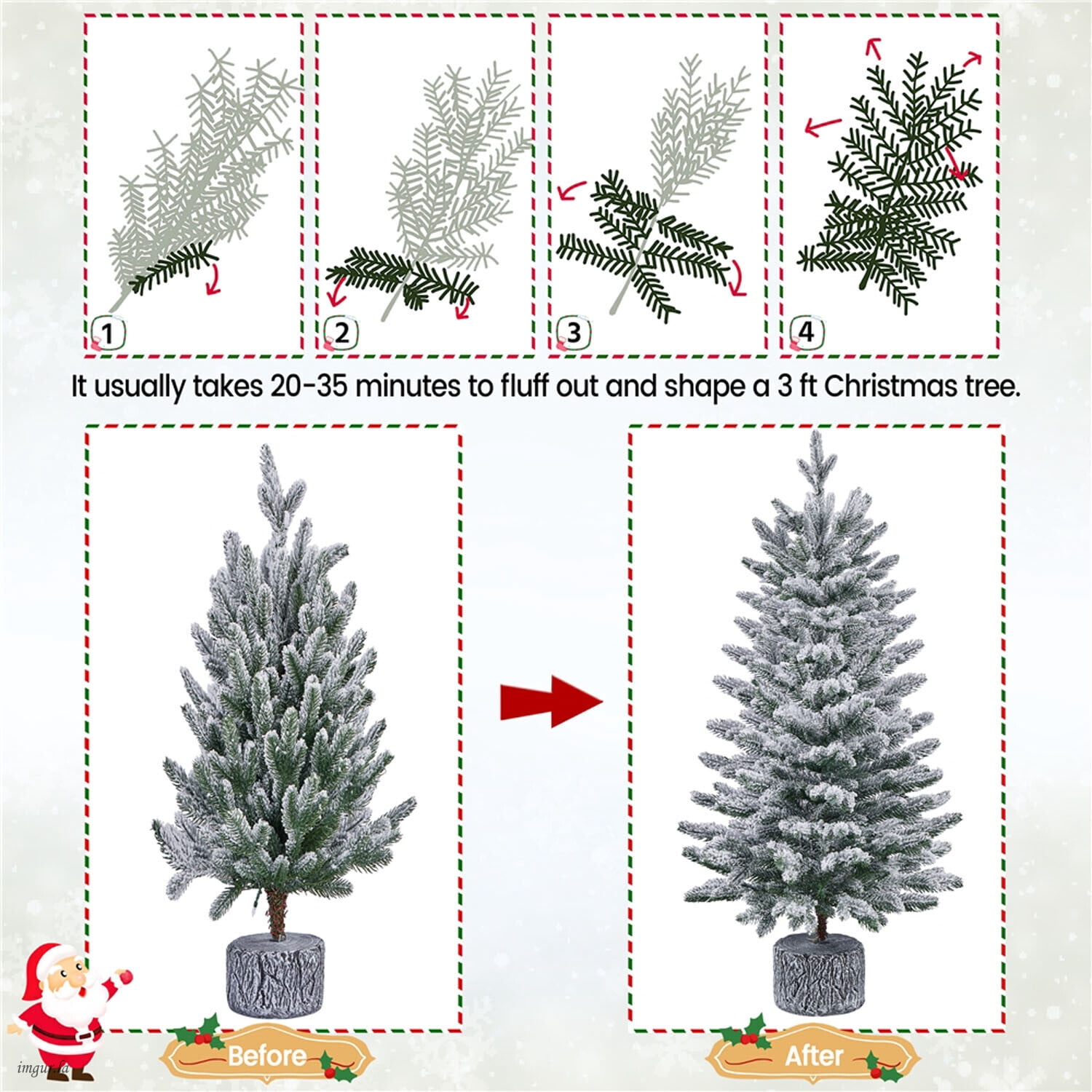 Alden Design 3FT Pre-lit Potted Flocked Tabletop Christmas Tree, Mini Artificial Xmas Tree with LED Lights, Stand and Protective Sheet, Green & White