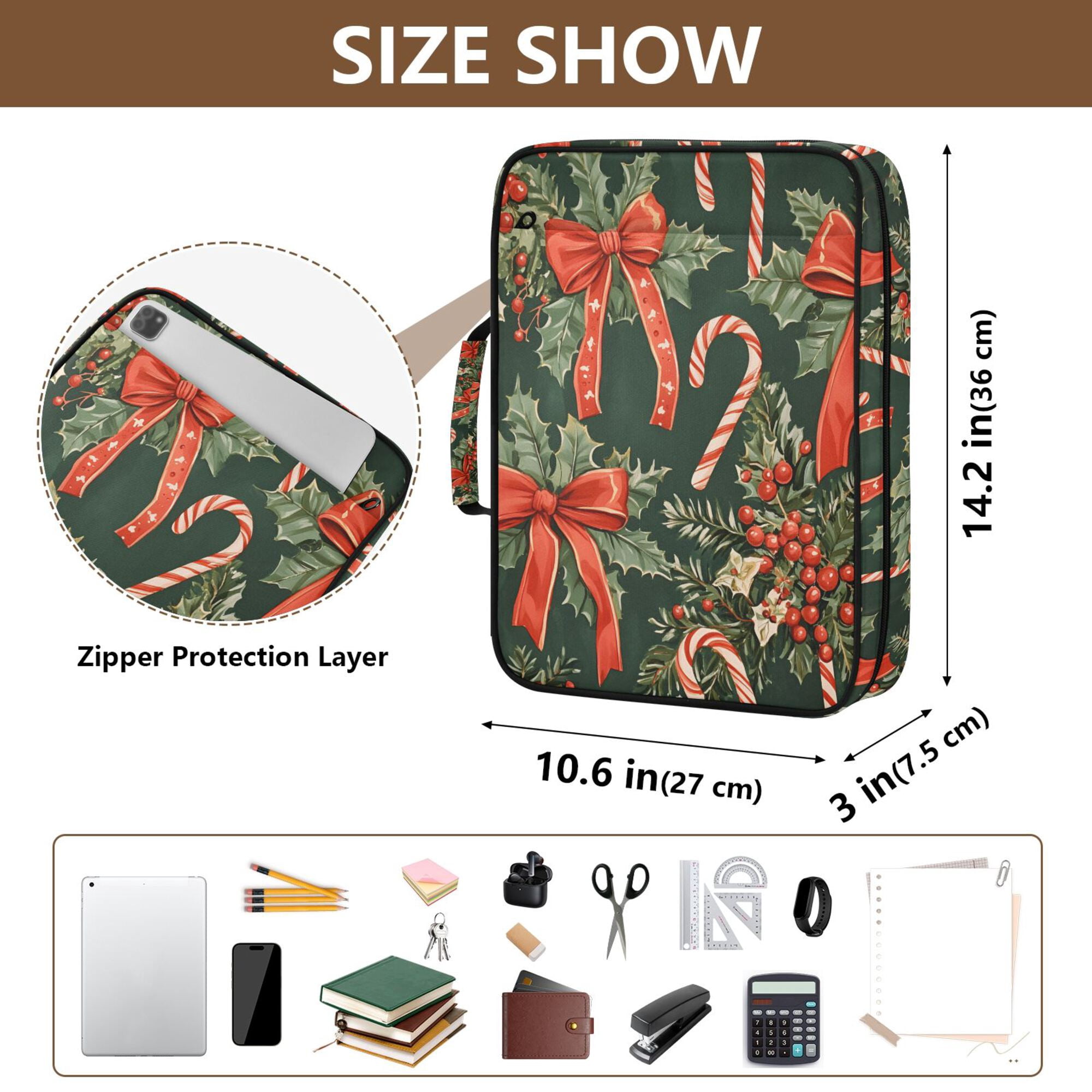 FORMRS Accordion File Folder A4 Size 7-Pocket Expanding Document Organizer Bag with 3 Ring Binder, Christmas Holly Bows