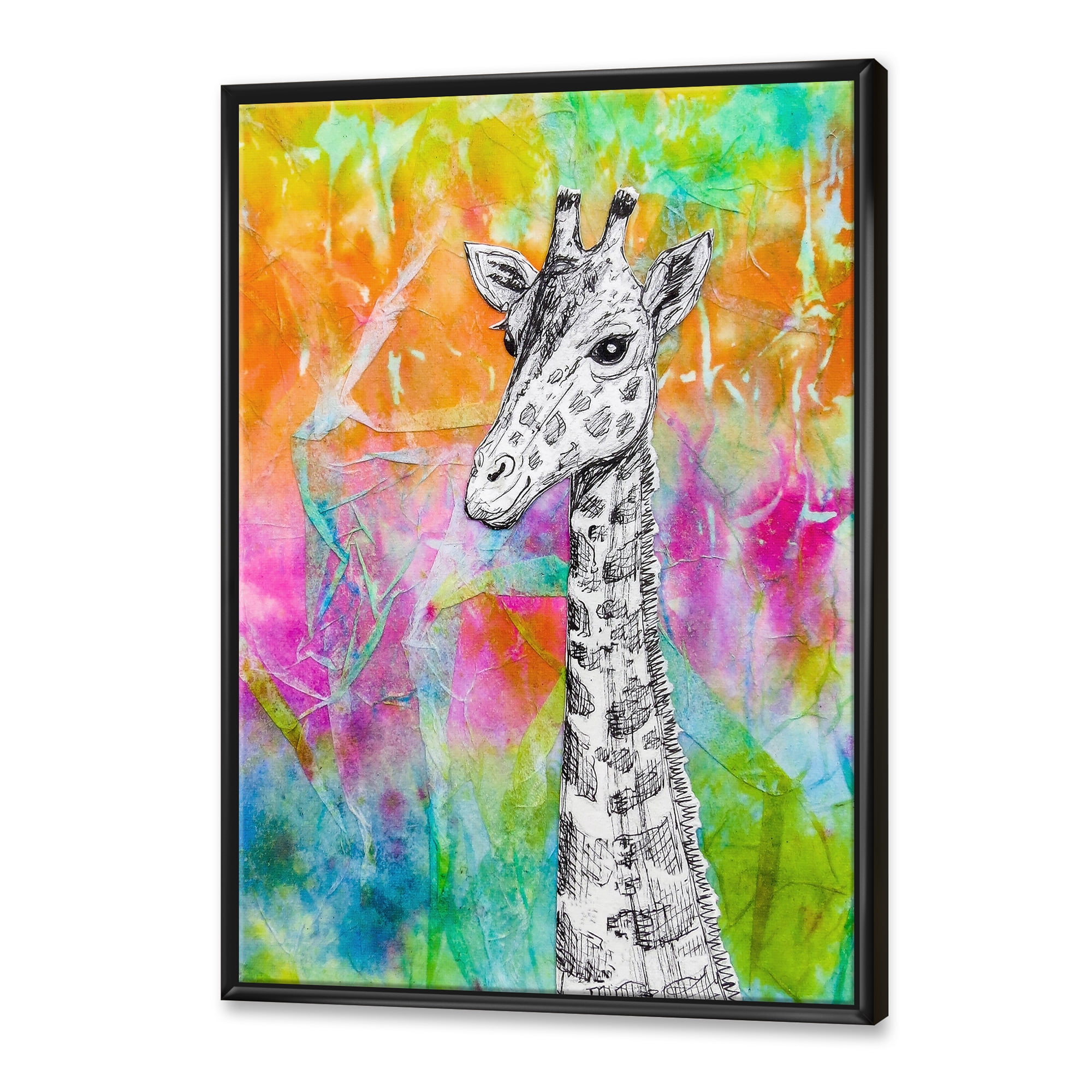 Monochrome Giraffe Drawing On Bright Rainbow 12 in x 20 in Framed Painting Canvas Art Print, by Designart