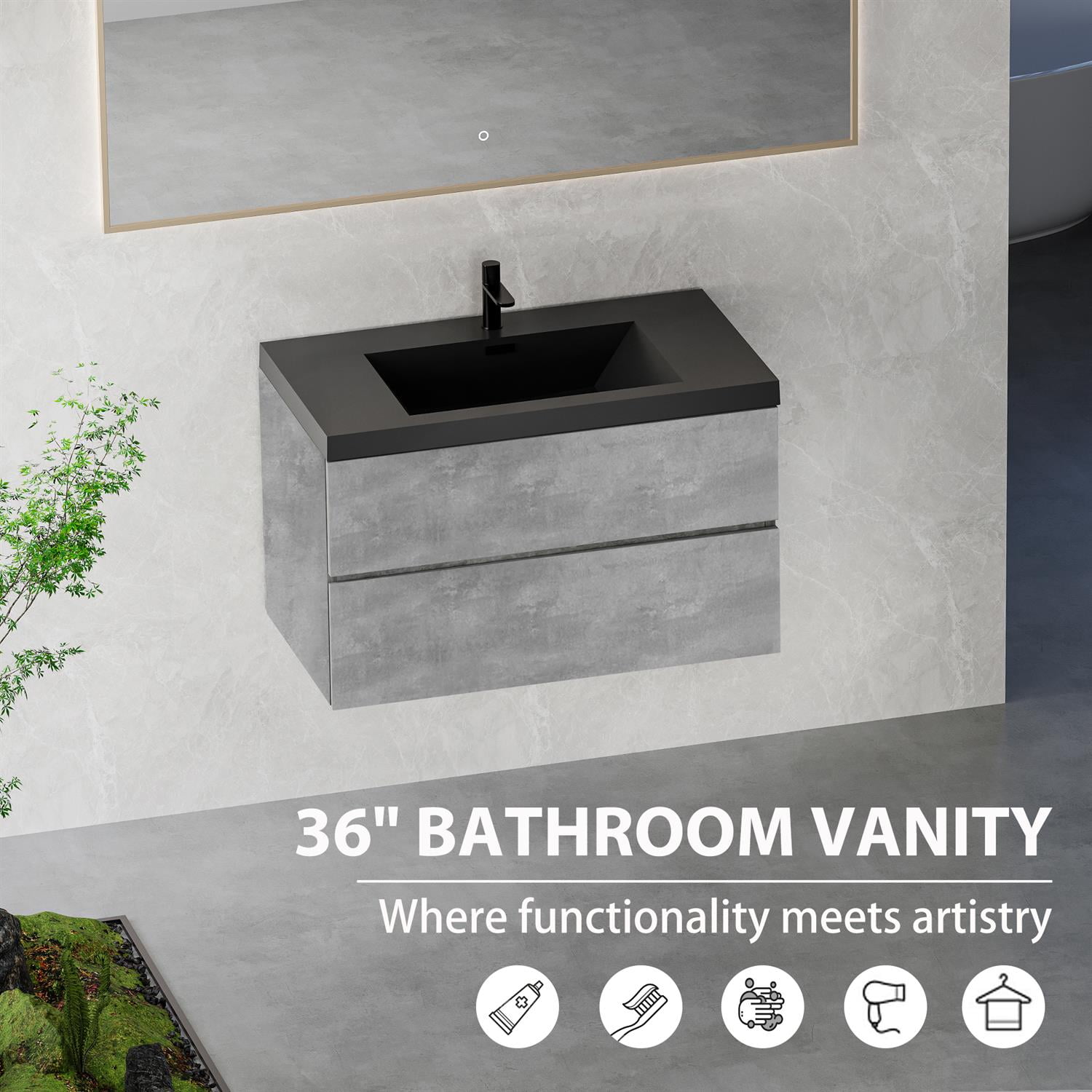 Demi Bonn 35" Floating Bathroom Vanity with Sink, Black Quartz Sand Top Basin and 2 Soft Close Drawers, Faucets and Drains Not Included, Gray